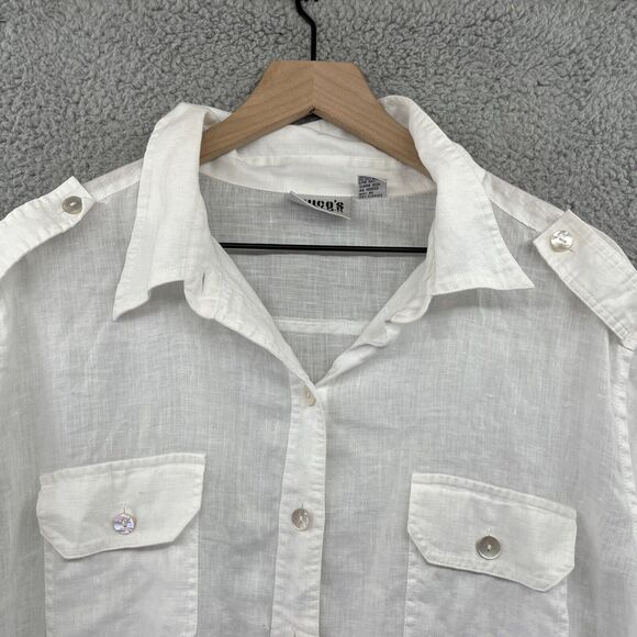 Chicos Button Top XL 3 Linen Pockets Roll Tab Long Sleeve White Beach Hike Fish - Picture 2 of 16